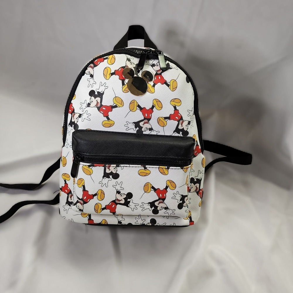 Disney Mickey Mouse Mini Backpack White Black All Over‎ Print Gold Emblem
